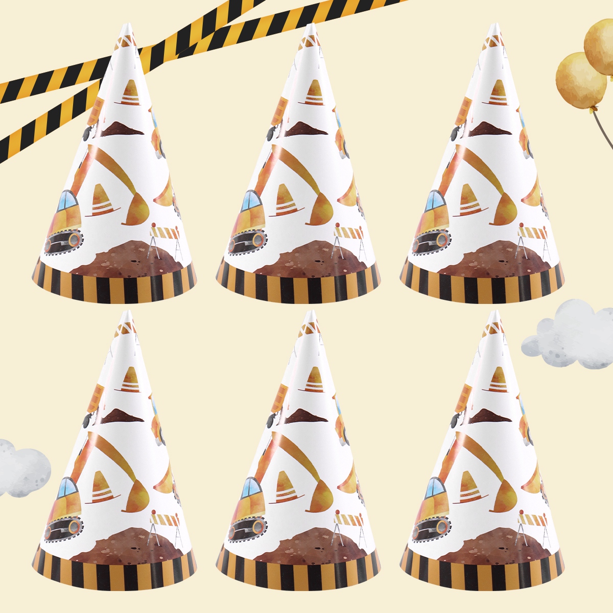 Party Hat Cone - 6 adet inşaat kamyonu doğum günü